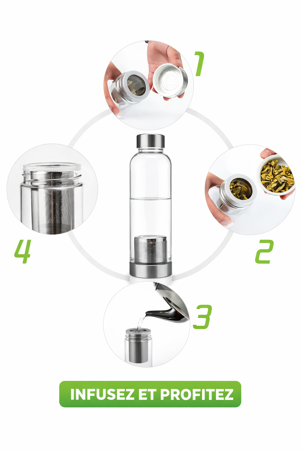 Gourde en verre 420 ml avec infuseur - Bouteille sport élégante