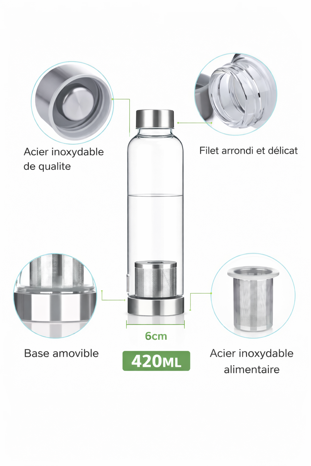 Gourde en verre 420 ml avec infuseur - Bouteille sport élégante