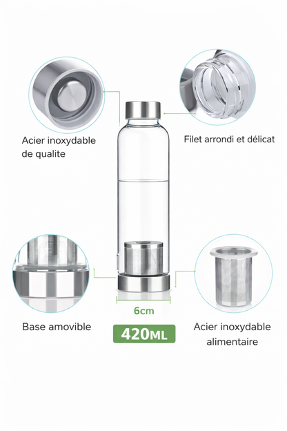 Gourde en verre 420 ml avec infuseur - Bouteille sport élégante